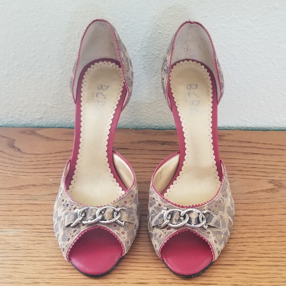 BCBG Paris Leopard Red Peep Toe Heels Sz. 6½B
